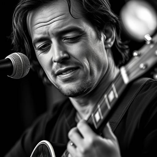 Artistiek portret van een muzikant met een gitaar, zwart-wit fotografie, emotionele expressie.