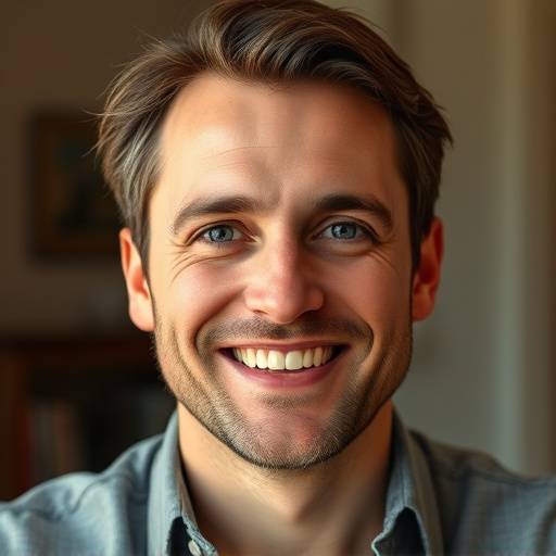 Close-up headshot van acteur glimlachend, natuurlijk licht, warme tonen.