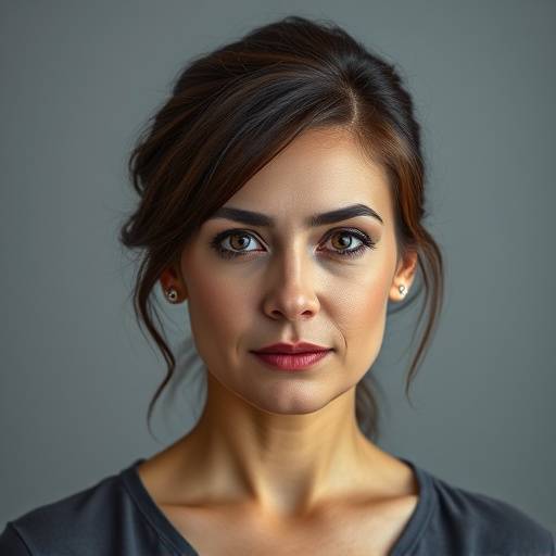 Headshot van een actrice met serieuze blik, studio setting, neutrale achtergrond.