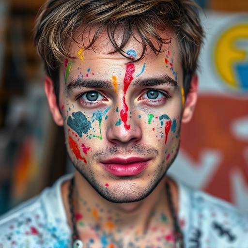 Kleurrijk portret van een kunstenaar in een atelier, verfspatten op het gezicht, creatieve expressie.