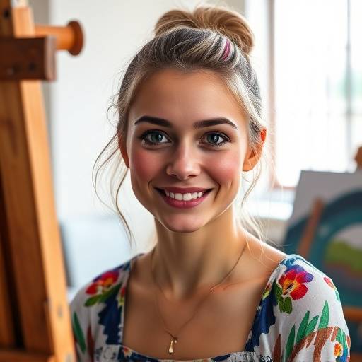 Kleurrijke portret van een kunstenaar in een atelier.