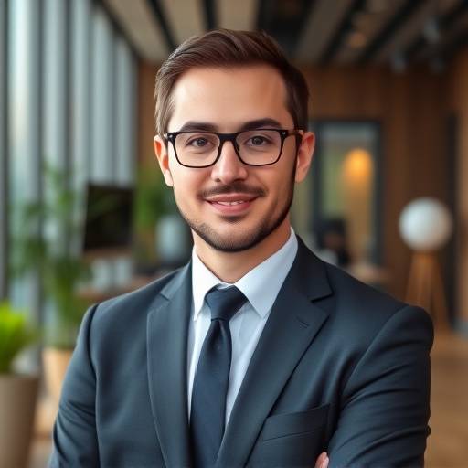 Zakelijk portret van een ondernemer in een moderne kantooromgeving, formele kleding, professionele uitstraling.