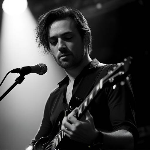 Zwart-wit portret van een muzikant met een gitaar.